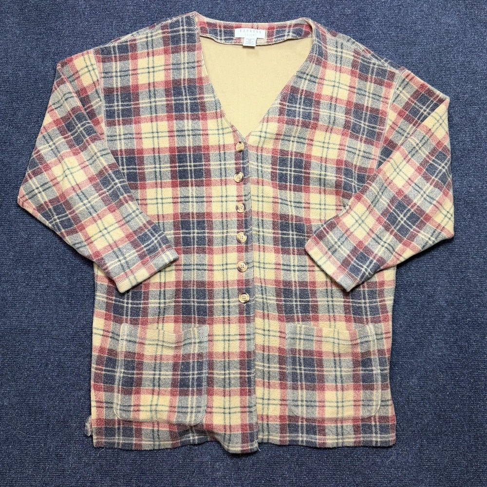 Express Cardigan Sweater Womens Medium Plaid V Neck Button 3/4 Sleeve Pockets